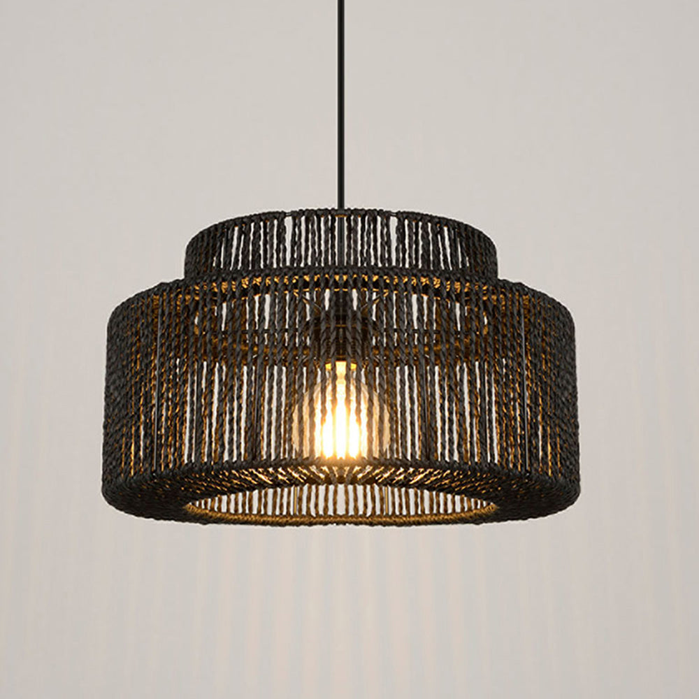 Hand-Woven Rattan Drum Pendant Light Black Metal Farmhouse Ceiling Fixture E27 Hanging Lamp for Dining Room Kitchen Island Bedroom | Lonoma