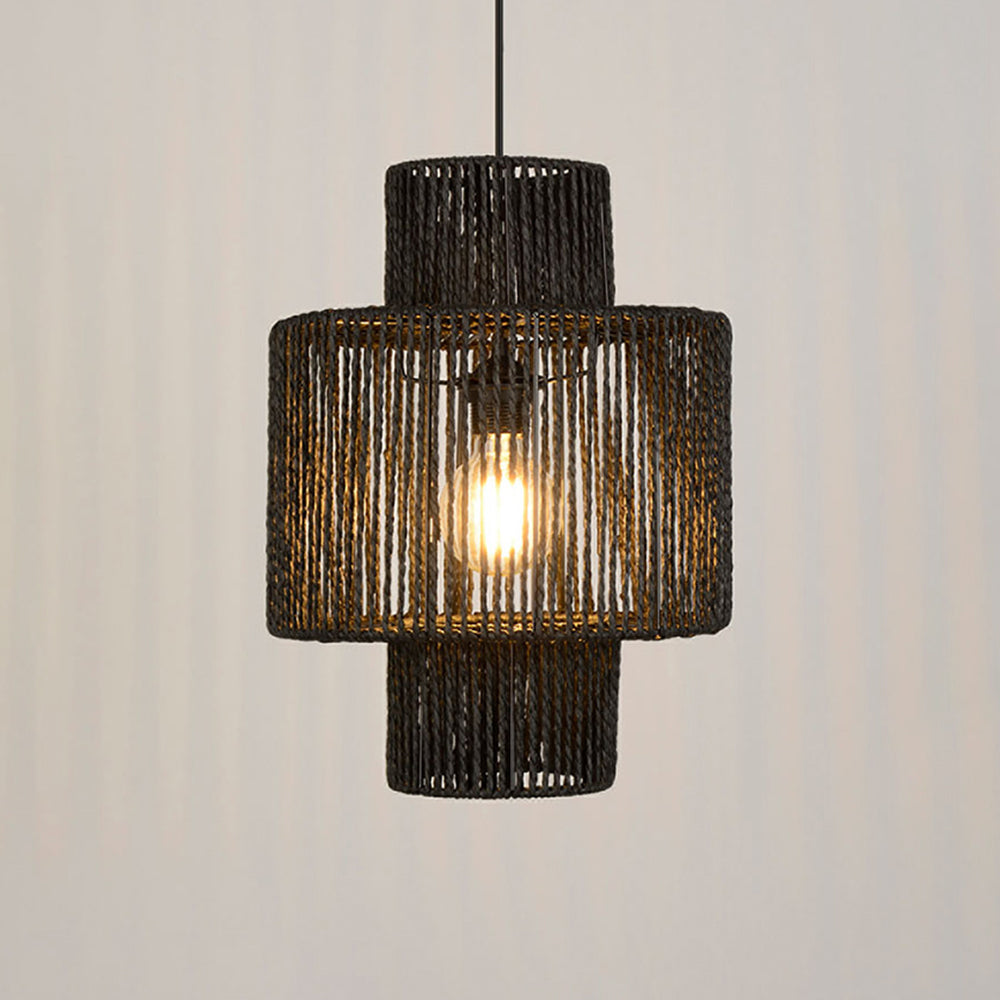 Hand-Woven Rattan Drum Pendant Light Black Metal Farmhouse Ceiling Fixture E27 Hanging Lamp for Dining Room Kitchen Island Bedroom | Lonoma