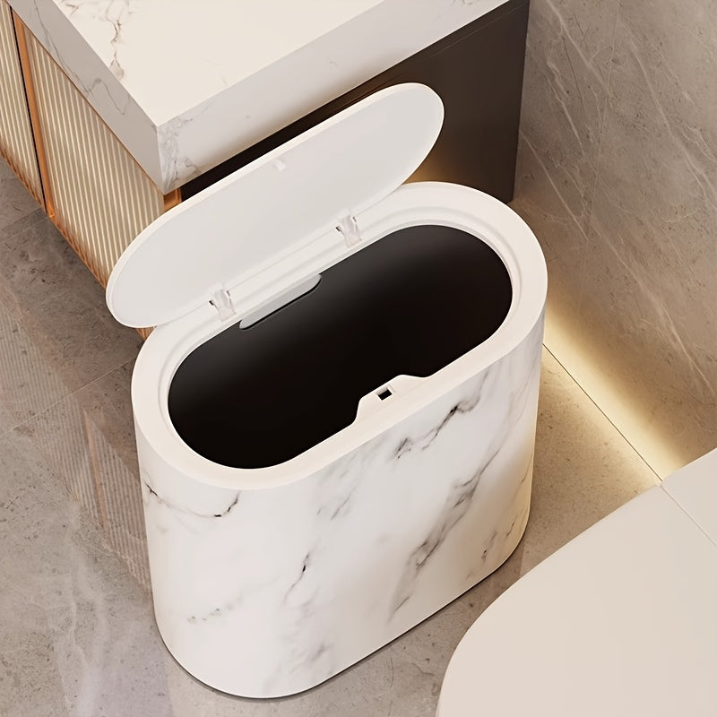 Compact Lidded Waste Bin Oval Marble-Look Trash Can 11.4 × 11.4 × 5.7 in Plastic for Bathroom Kitchen Bedroom Office Small Space | Lonoma