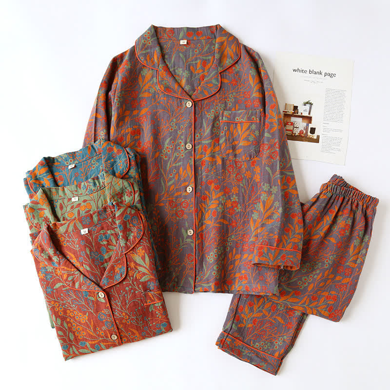 Women's Cotton Pajama Set with Button-Down Top & Pants, Leaf Jacquard Print, Two-Piece Loungewear, Sleepwear Set for Home | Lonoma