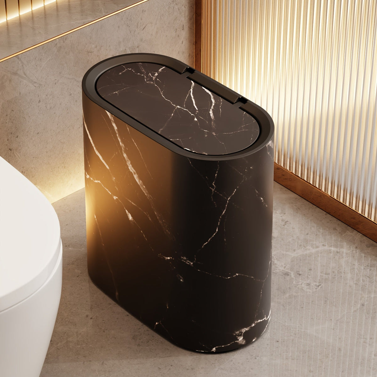 Compact Lidded Waste Bin Oval Marble-Look Trash Can 11.4 × 11.4 × 5.7 in Plastic for Bathroom Kitchen Bedroom Office Small Space | Lonoma