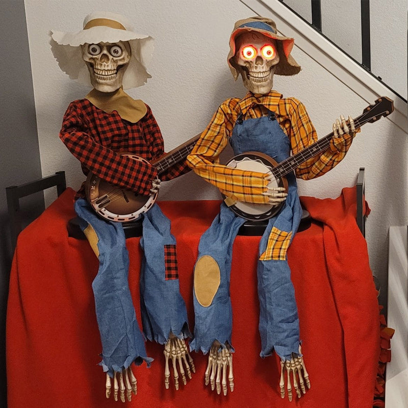 Motion-Activated Musical Skeleton Pair with Banjos – Animated Halloween Decoration for Parties & Haunted Houses | Lonoma
