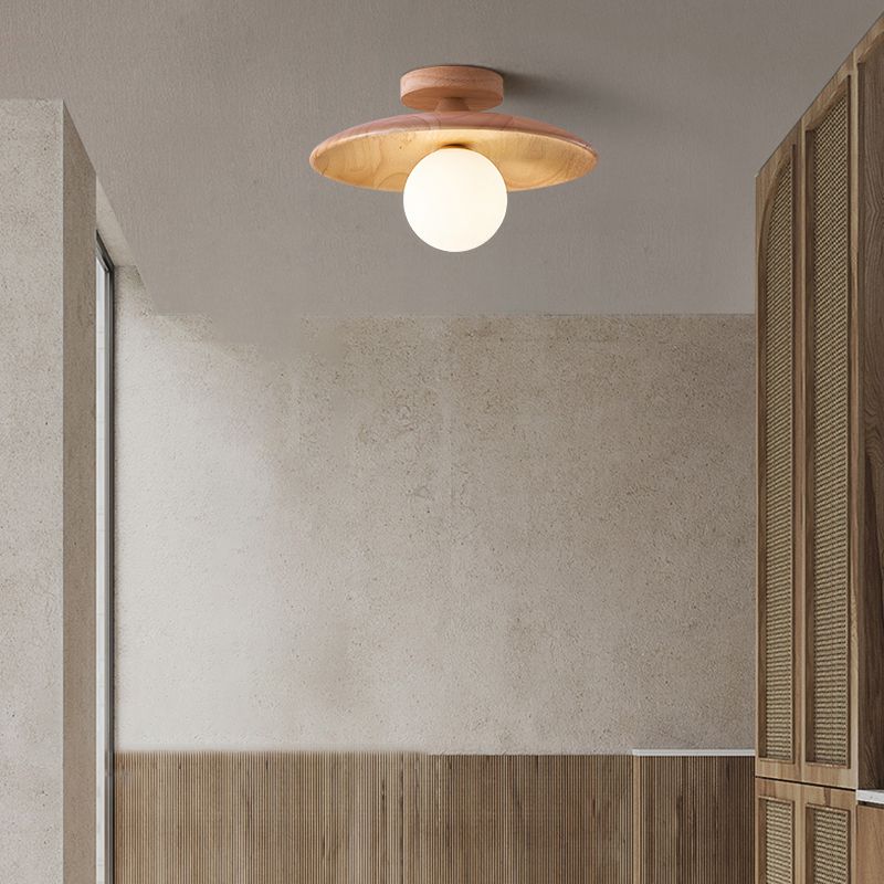 Flush Mount Ceiling Light with Dome Glass Shade Wood Base Modern Oaki Style for Kitchen Bedroom Hallway Entryway Indoor Hardwired G9 LED | Lonoma