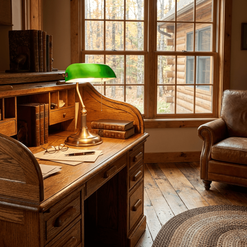 Classic Banker Desk Lamp with Green Glass Shade — Traditional Vintage Style Brass Table Light for Home Office, Library, Study, Bedroom | Lonoma
