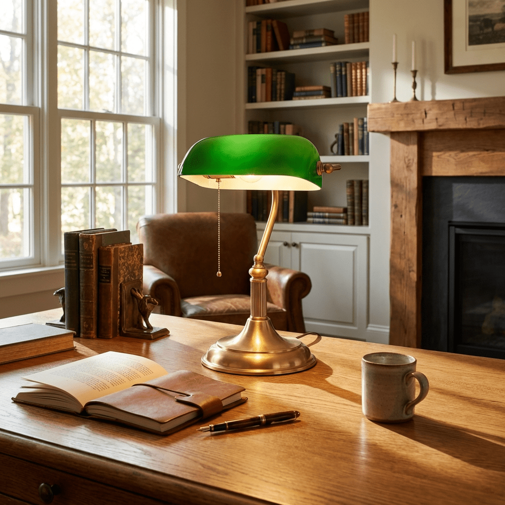 Classic Banker Desk Lamp with Green Glass Shade — Traditional Vintage Style Brass Table Light for Home Office, Library, Study, Bedroom | Lonoma