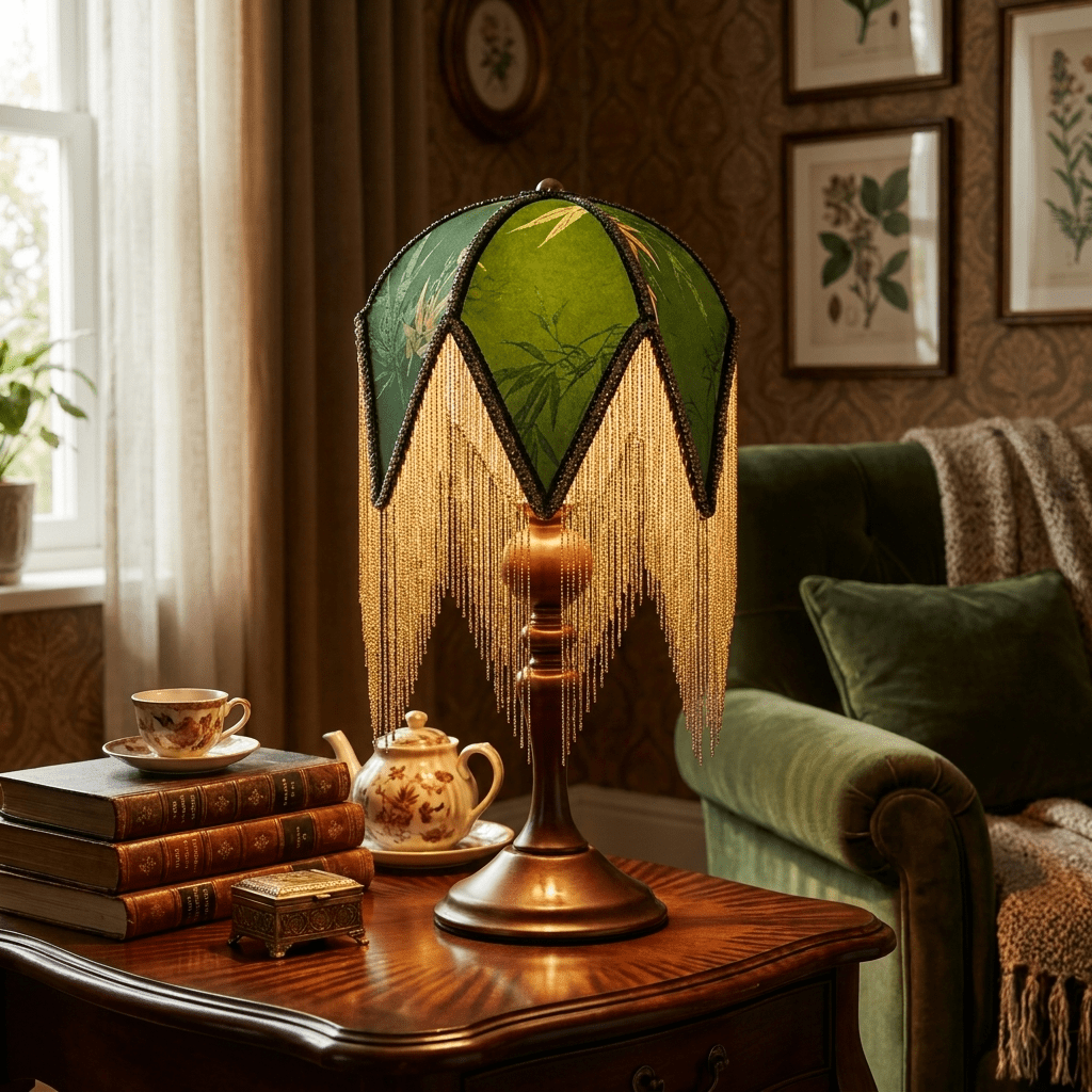 Bohemian Fringe Table Lamp with Green Botanical Shade 7.9 in Walnut Wood Base E27 Socket Victorian Bedside Accent Light for Bedroom | Lonoma