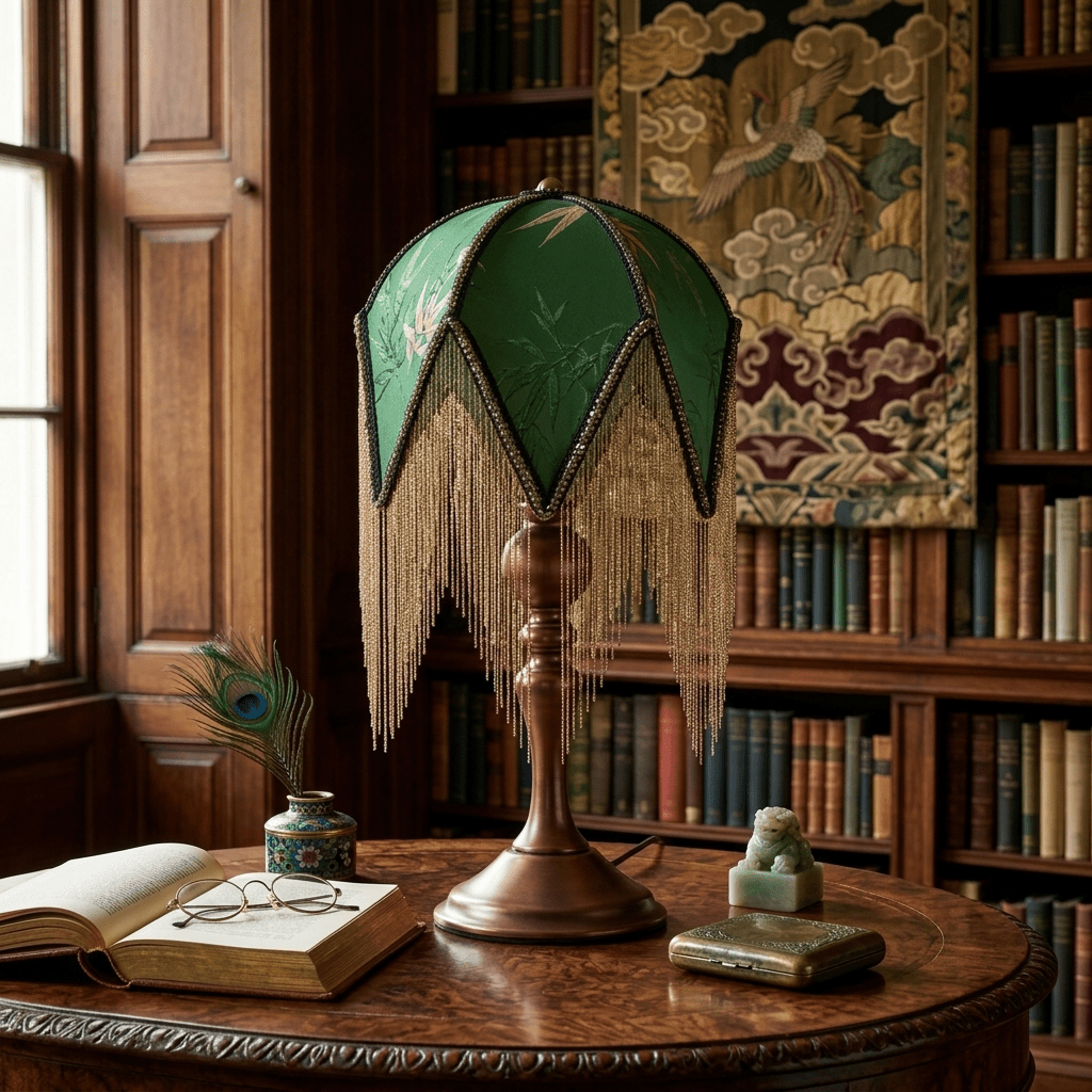 Bohemian Fringe Table Lamp with Green Botanical Shade 7.9 in Walnut Wood Base E27 Socket Victorian Bedside Accent Light for Bedroom | Lonoma