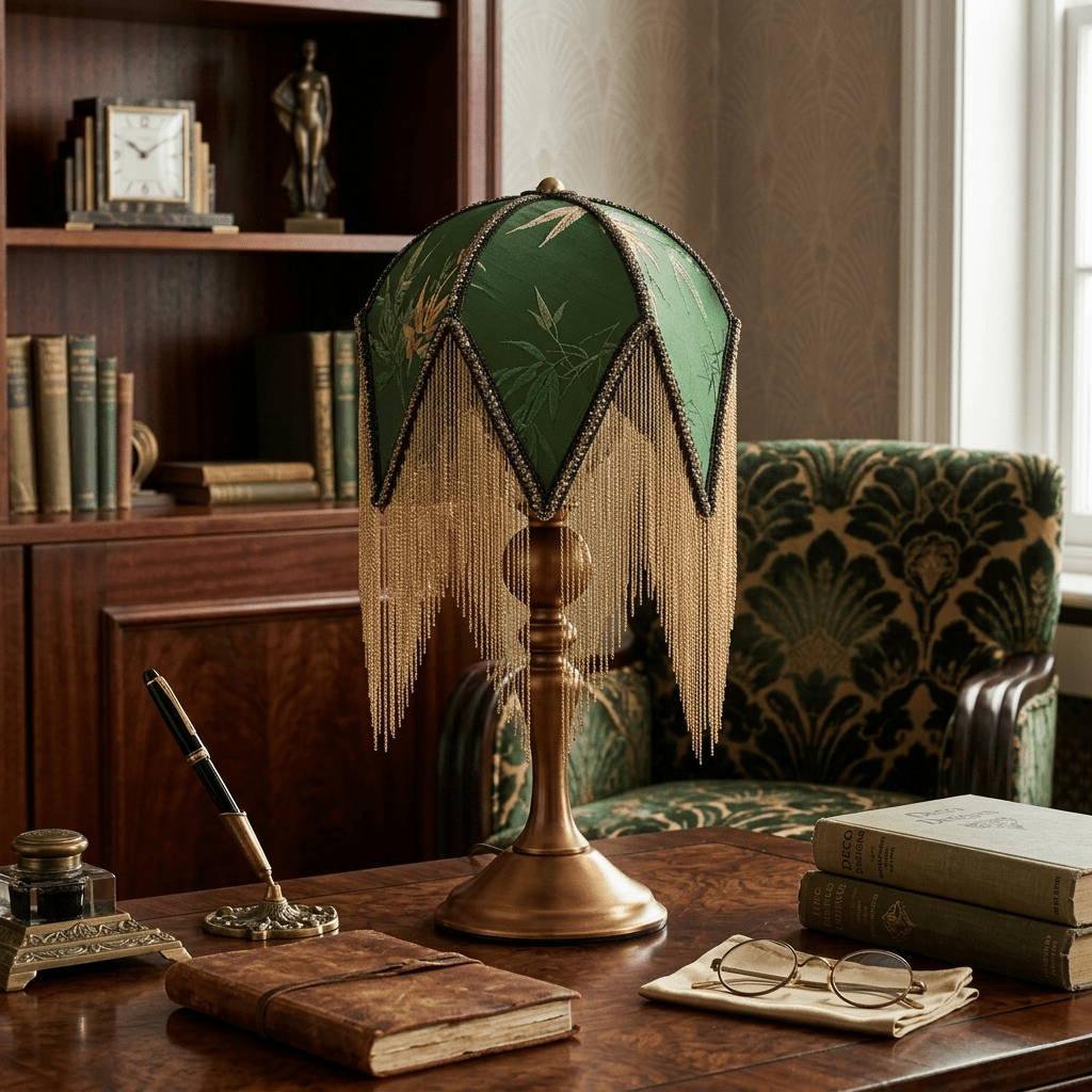 Bohemian Fringe Table Lamp with Green Botanical Shade 7.9 in Walnut Wood Base E27 Socket Victorian Bedside Accent Light for Bedroom | Lonoma