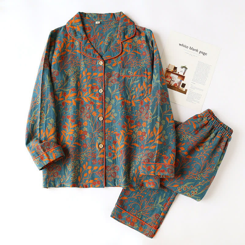 Women's Cotton Pajama Set with Button-Down Top & Pants, Leaf Jacquard Print, Two-Piece Loungewear, Sleepwear Set for Home | Lonoma