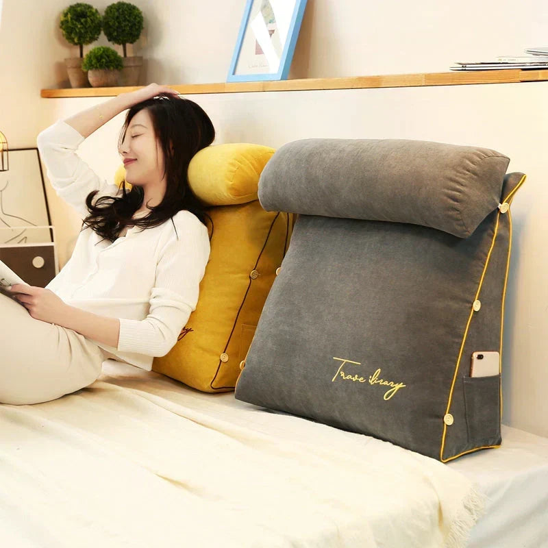 Triangular Back Support Cushion with Side Pocket for Bed and Couch – Ergonomic Wedge Pillow for Reading, TV Watching, Lumbar & Neck Relief | Lonoma