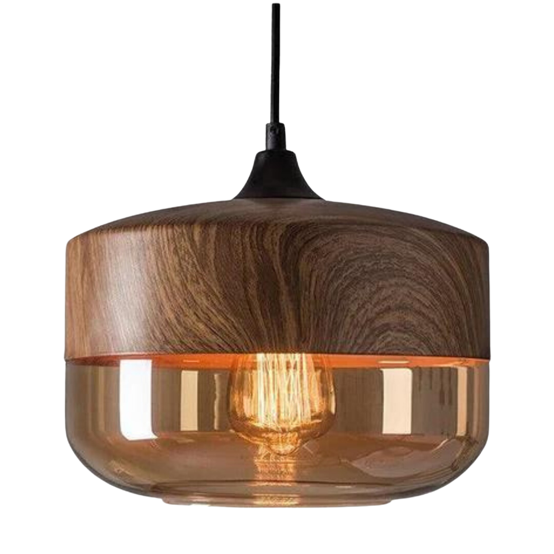 Pendant Light with Tinted Glass Shade and Wood-Look Metal, Adjustable Scandinavian Hanging Lamp for Dining Table, Living Room, Kitchen | Lonoma
