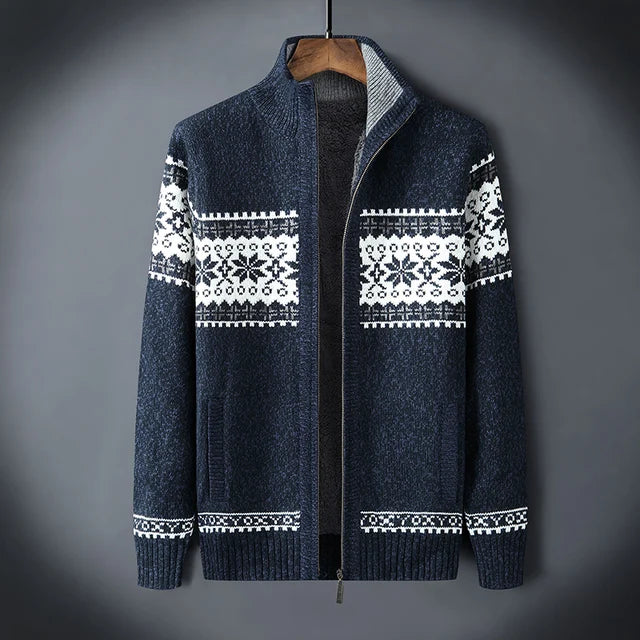 Men's Zip-Up Cardigan with Fair Isle Pattern and Stand Collar for Fall and Winter Layering | Lonoma