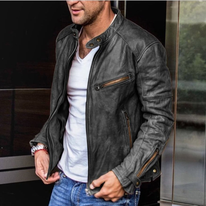 Men's Genuine Leather Motorcycle Jacket with Stand Collar and Zipper Pockets for Fall | Water-Resistant Bomber Jacket for Casual Everyday | Lonoma