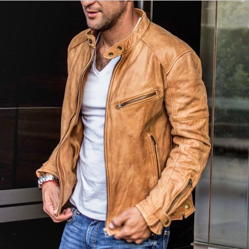 Men's Genuine Leather Motorcycle Jacket with Stand Collar and Zipper Pockets for Fall | Water-Resistant Bomber Jacket for Casual Everyday | Lonoma