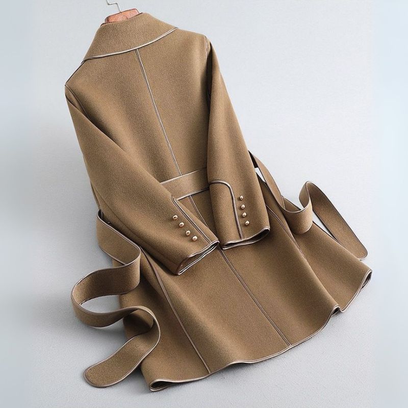 Women's Belted Wool Trench Coat Long Jacket with Tie Waist and Mini Bag for Fall Winter | Lonoma