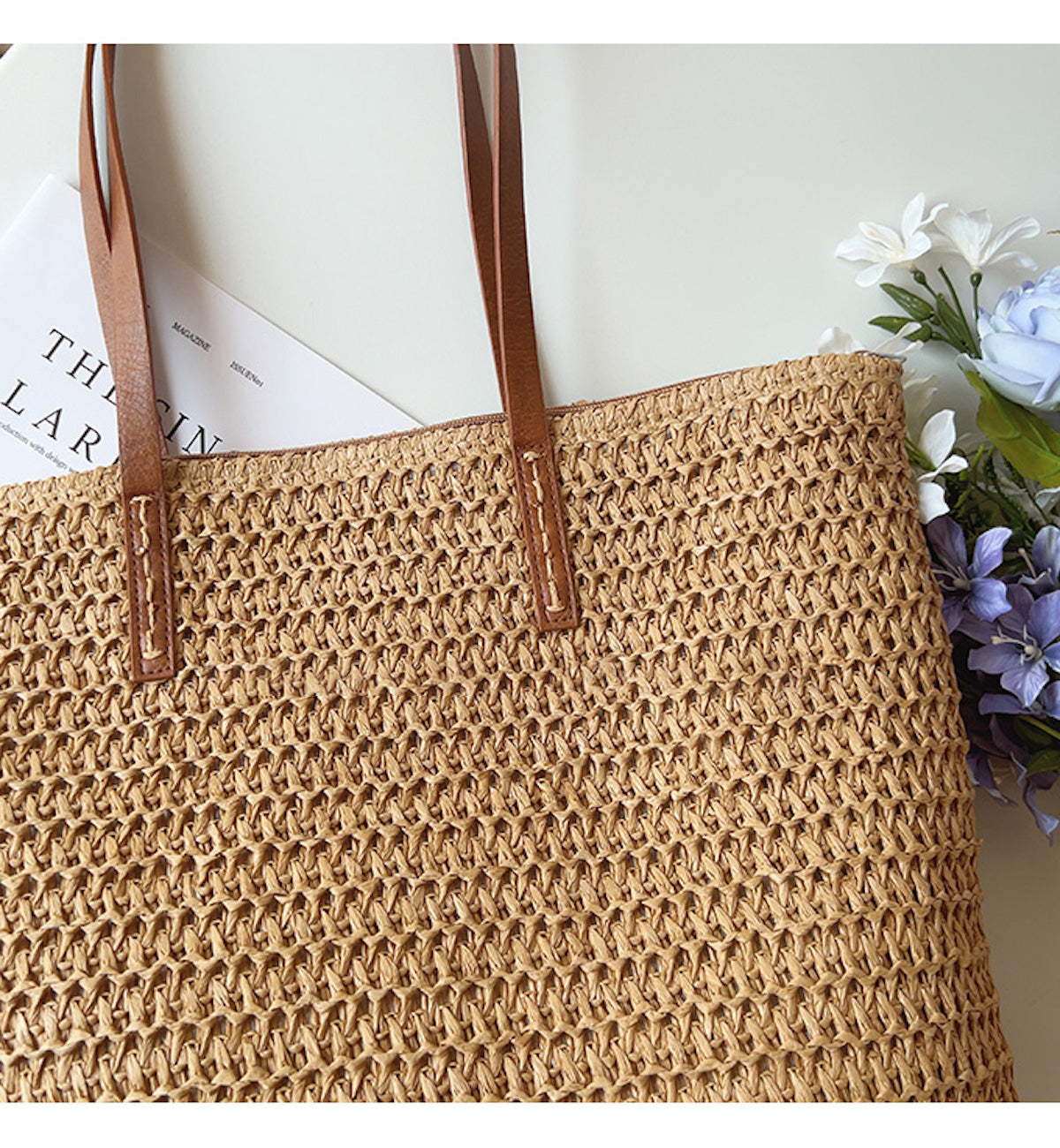 Woven Wicker Market Basket Bag with Leather Handles and Zip Pocket, 12 x 13 in Handbag for Farmers Market, Beach and Town | Lonoma