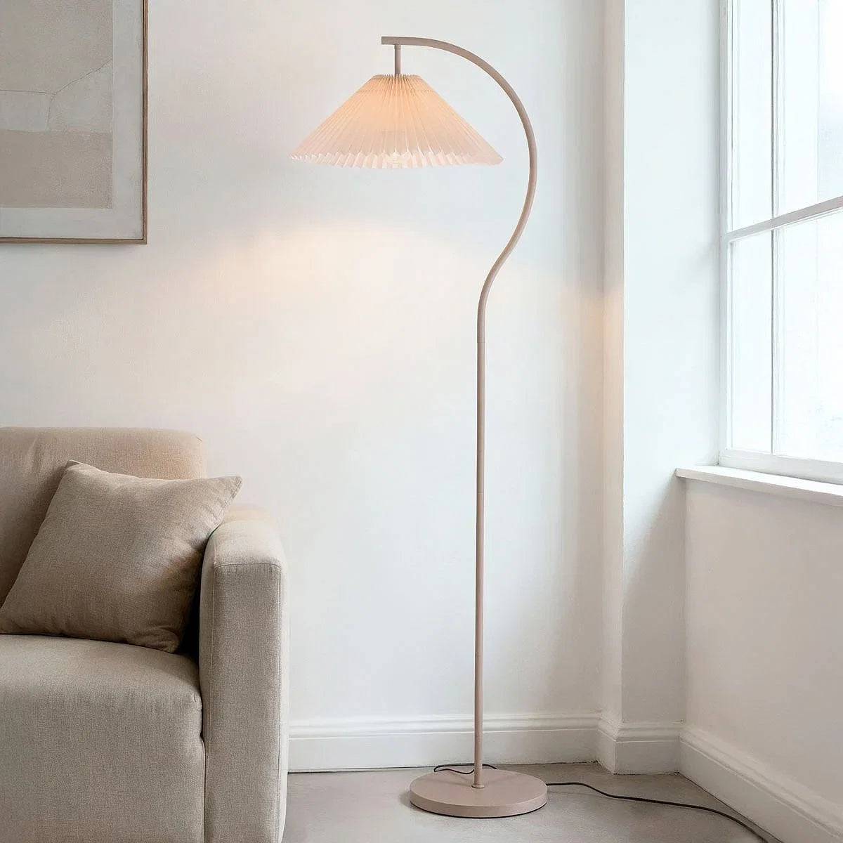 Beige Arc Floor Lamp, 60 in Pleated Fabric Shade, Modern Standing Light for Living Room, Reading Nook, Bedroom & Armchair | Lonoma