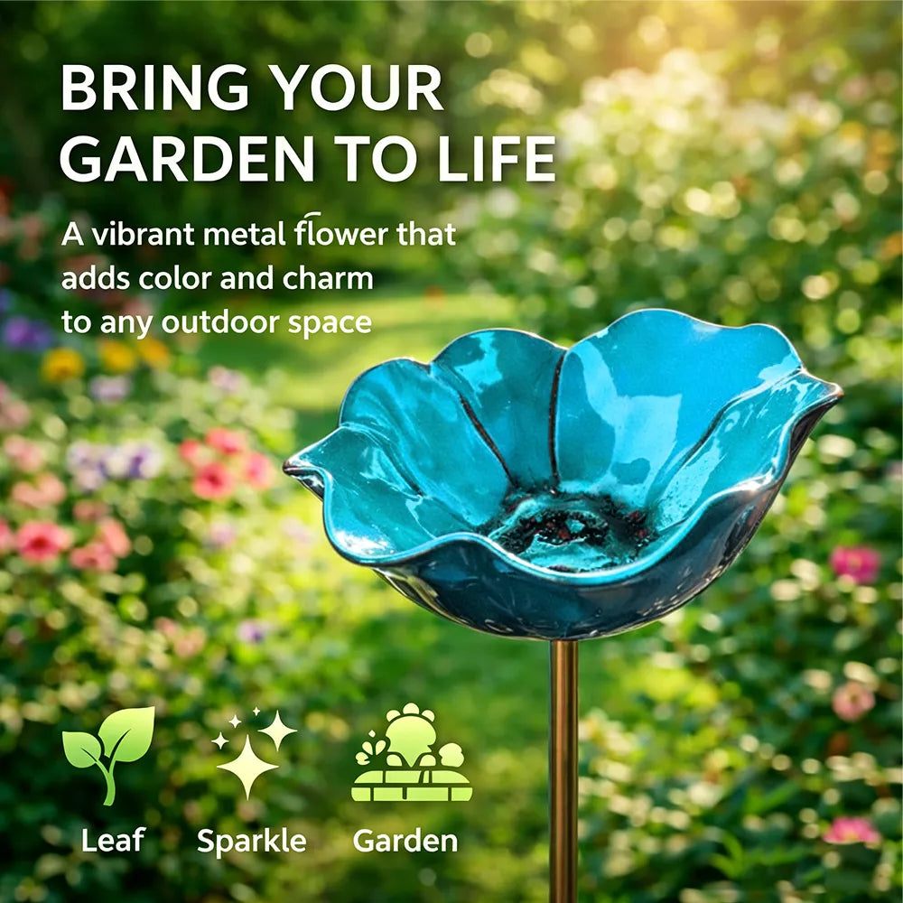 Metal Garden Stake Bird Bath 24 in Flower-Shaped Water Dish for Birds Butterflies Bees Yard Art Lawn Ornament Outdoor Decor Stakes | Lonoma