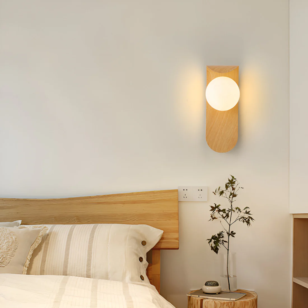 Wood Wall Sconce with Glass Globe | LED Ambient Lighting for Bedroom Living Room Hallway Entryway Minimal Modern | Lonoma