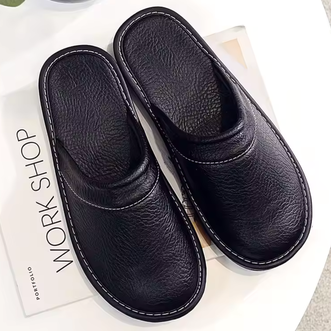 Cushioned Slip-On Slippers for Men Faux Leather Indoor Mules with Padded Footbed for Home Lounging All-Day Comfort | Lonoma
