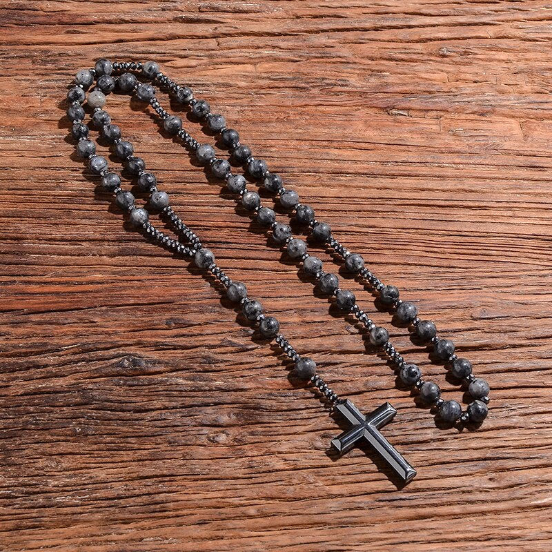 Natural Stone Rosary Necklace with Cross Pendant for Men – Tiger Eye, Lapis Lazuli, Jasper – Adjustable Length Beaded Chain | Lonoma