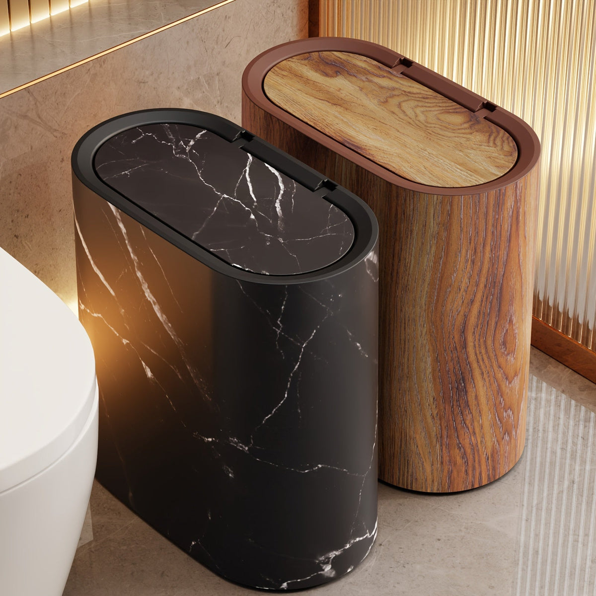 Compact Lidded Waste Bin Oval Marble-Look Trash Can 11.4 × 11.4 × 5.7 in Plastic for Bathroom Kitchen Bedroom Office Small Space | Lonoma