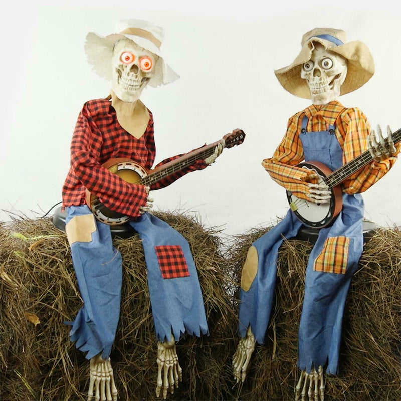 Motion-Activated Musical Skeleton Pair with Banjos – Animated Halloween Decoration for Parties & Haunted Houses | Lonoma