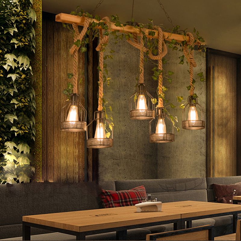 Rustic Wood Beam Chandelier with Metal Caged Shades for Dining Room & Kitchen Island, 3 or 5 Lights, Hardwired Ceiling Fixture | Lonoma