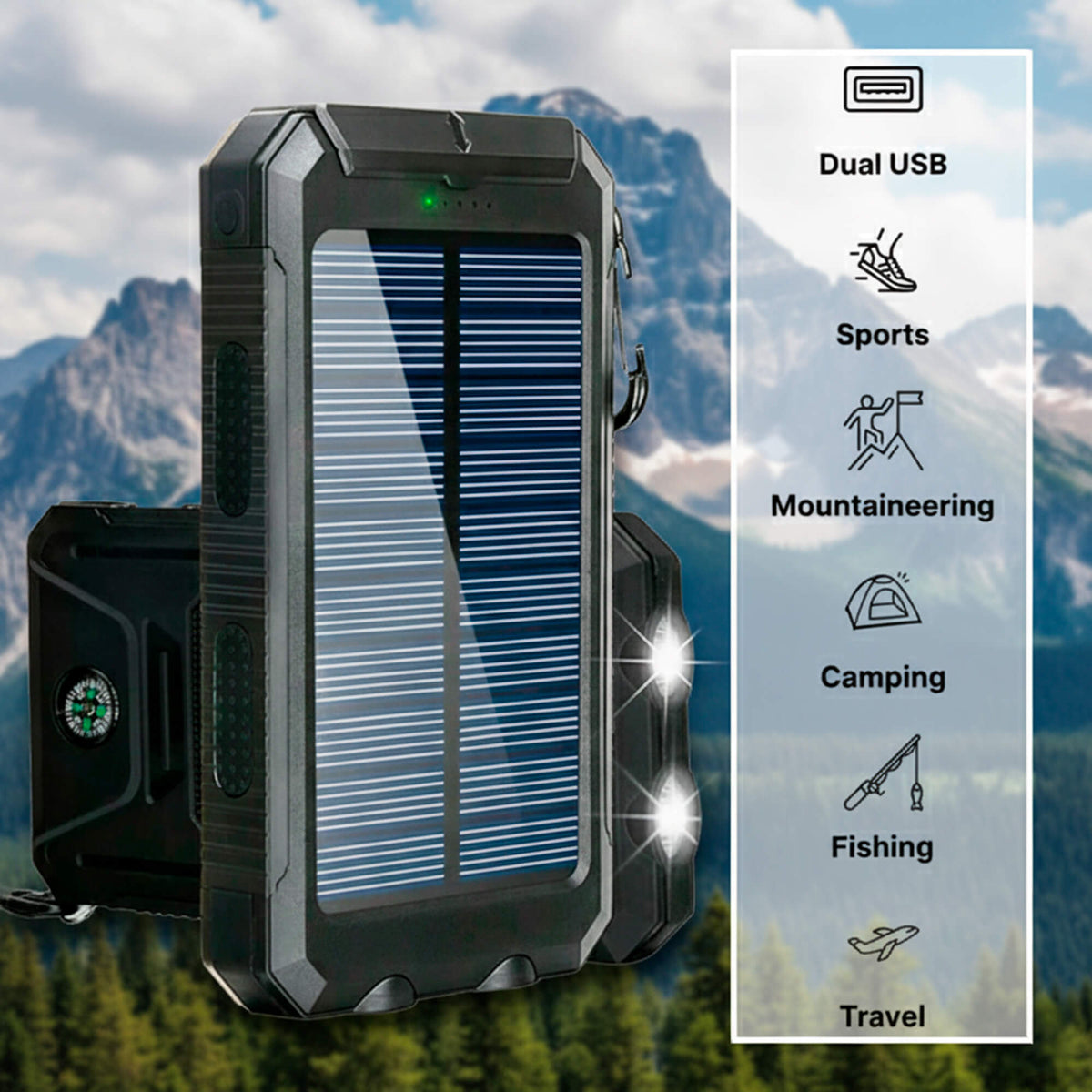 High-Capacity Solar Power Bank 500000mAh Waterproof Battery Pack with Dual USB Ports and LED Flashlight for Outdoor Adventures Emergency | Lonoma