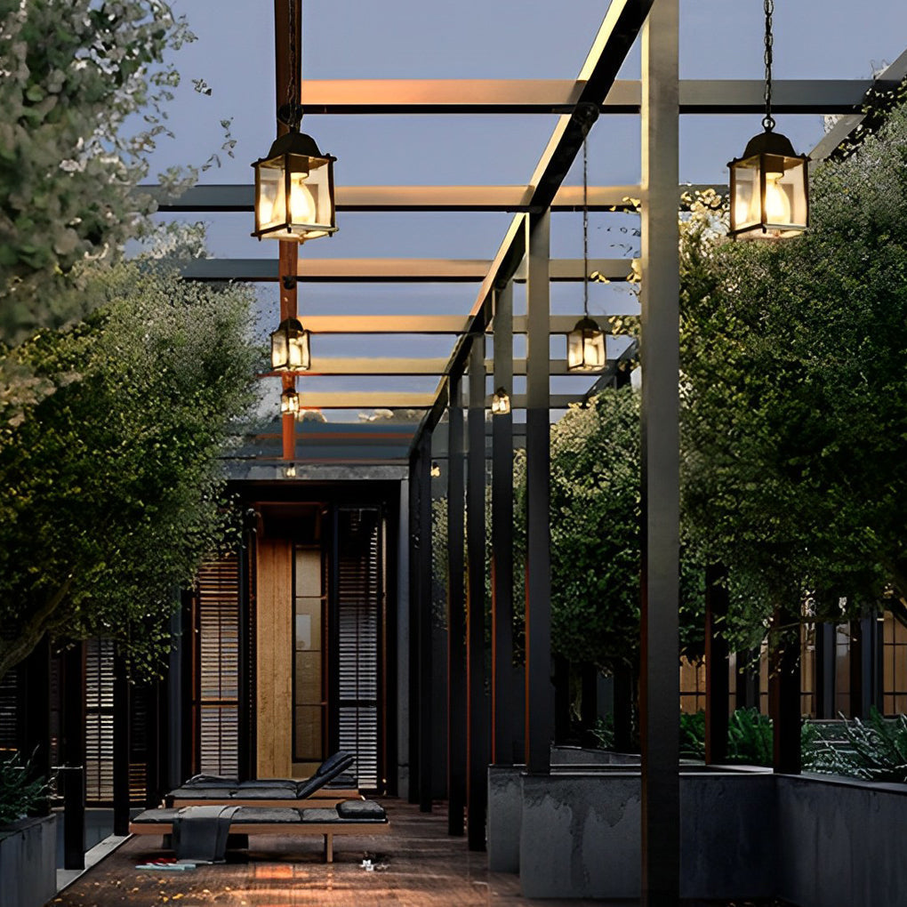 Outdoor Hanging Lantern Black Aluminum Glass Square Pendant Light for Porch Patio Garden Balcony Weather Resistant Exterior Lighting Fixture | Lonoma