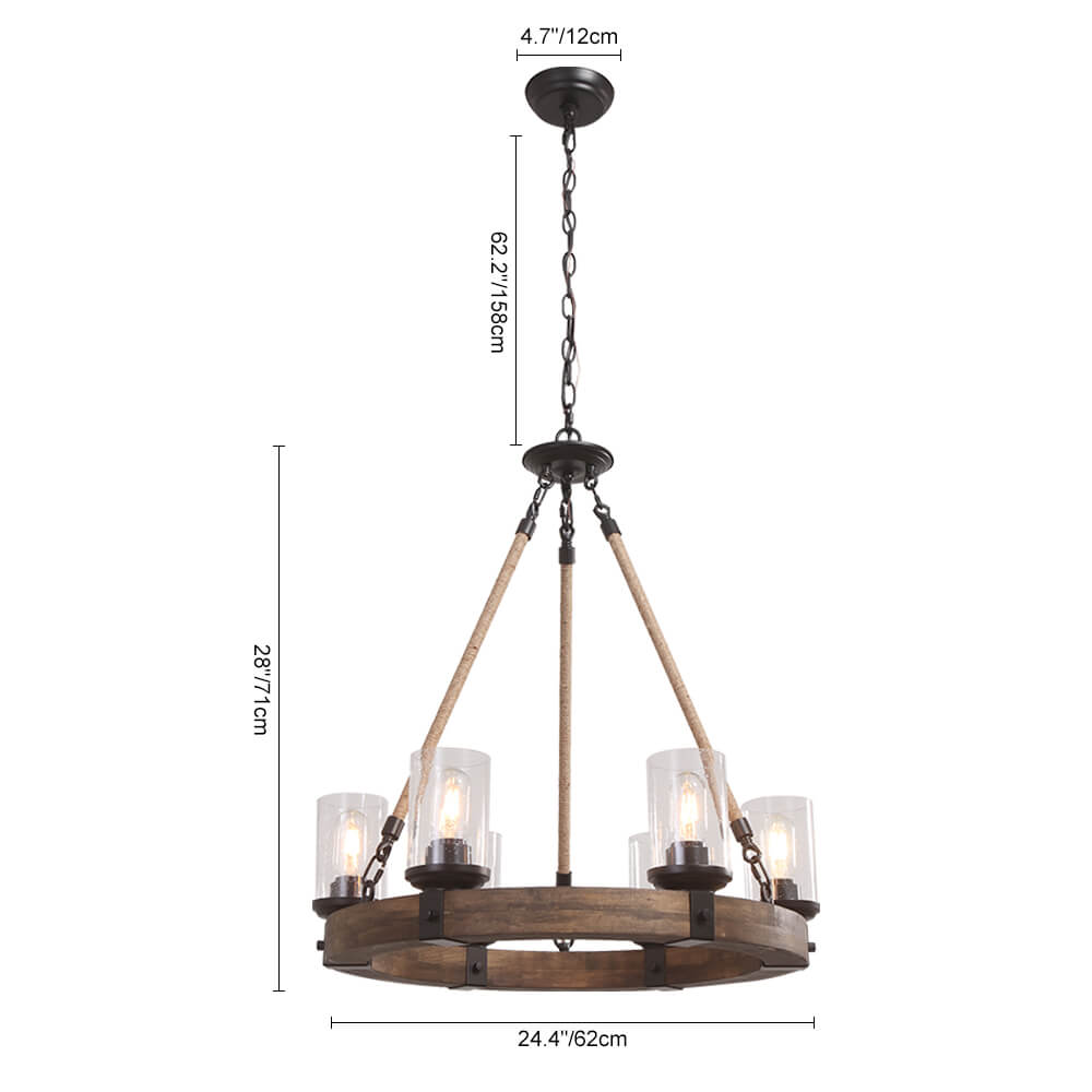 Rustic Wagon Wheel Ceiling Light 6-Arm with Textured Glass Globes for Dining Room Kitchen Farmhouse Living Room Adjustable Chain | Lonoma