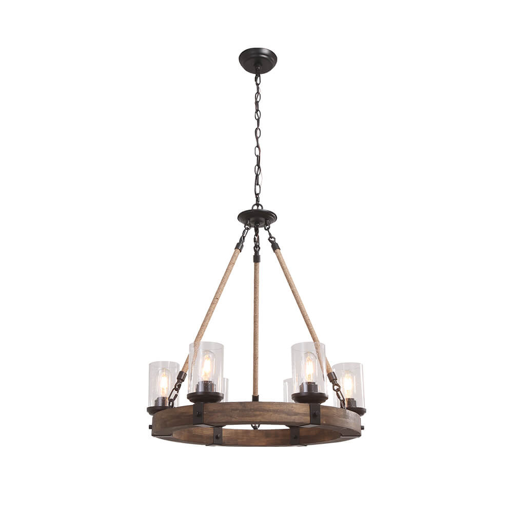Rustic Wagon Wheel Ceiling Light 6-Arm with Textured Glass Globes for Dining Room Kitchen Farmhouse Living Room Adjustable Chain | Lonoma