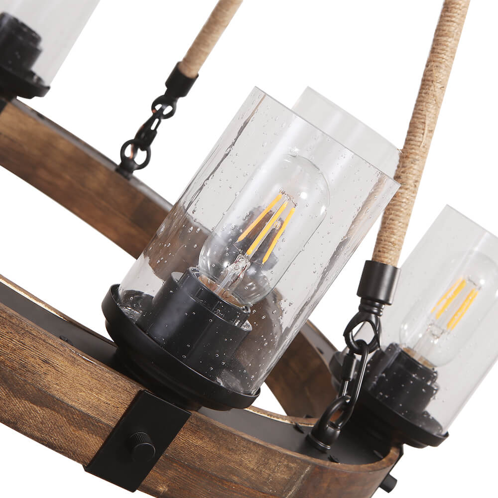 Rustic Wagon Wheel Ceiling Light 6-Arm with Textured Glass Globes for Dining Room Kitchen Farmhouse Living Room Adjustable Chain | Lonoma