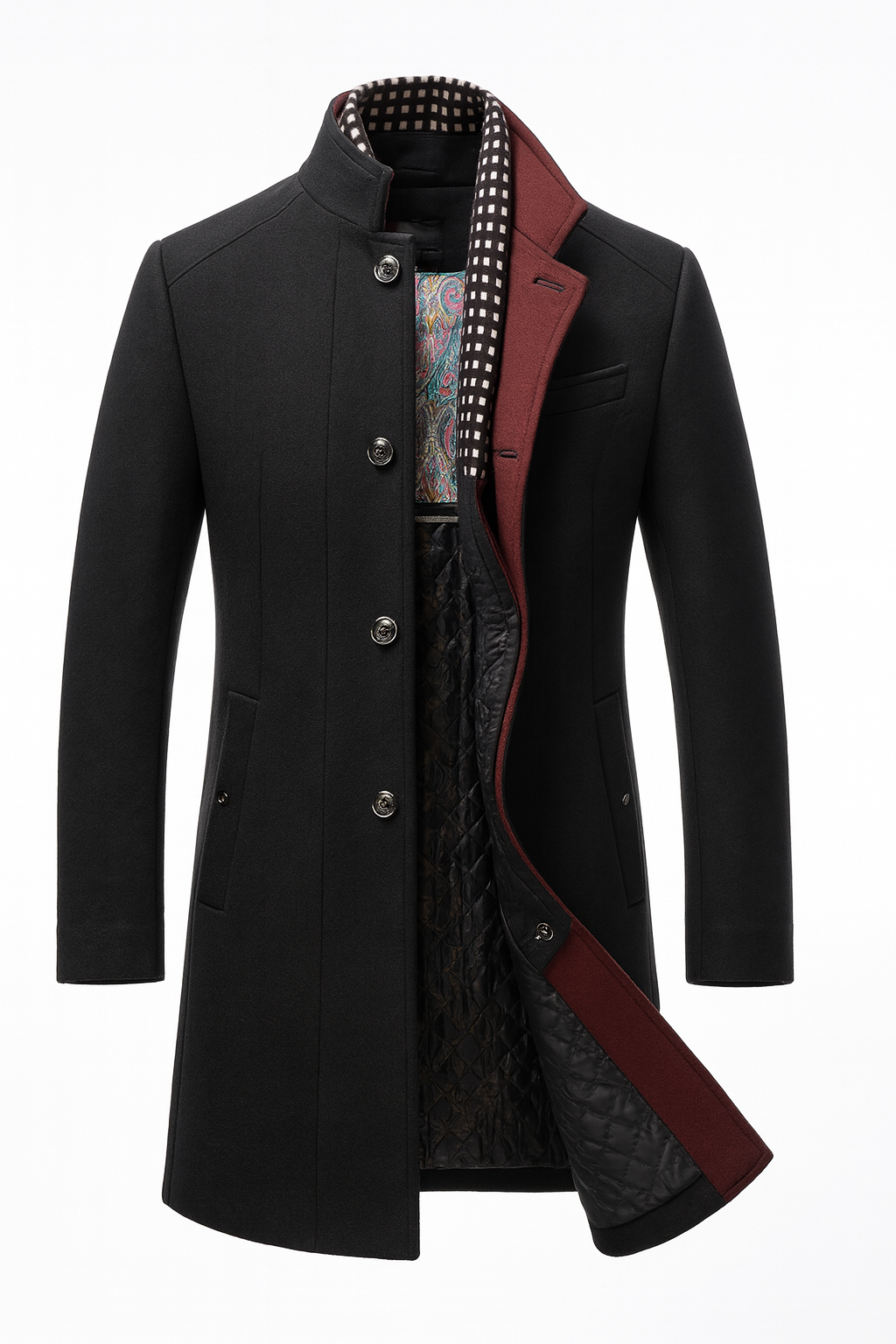 Men's Insulated Wool Blend Overcoat with Standing Collar & Quilted Interior for Winter | Lonoma