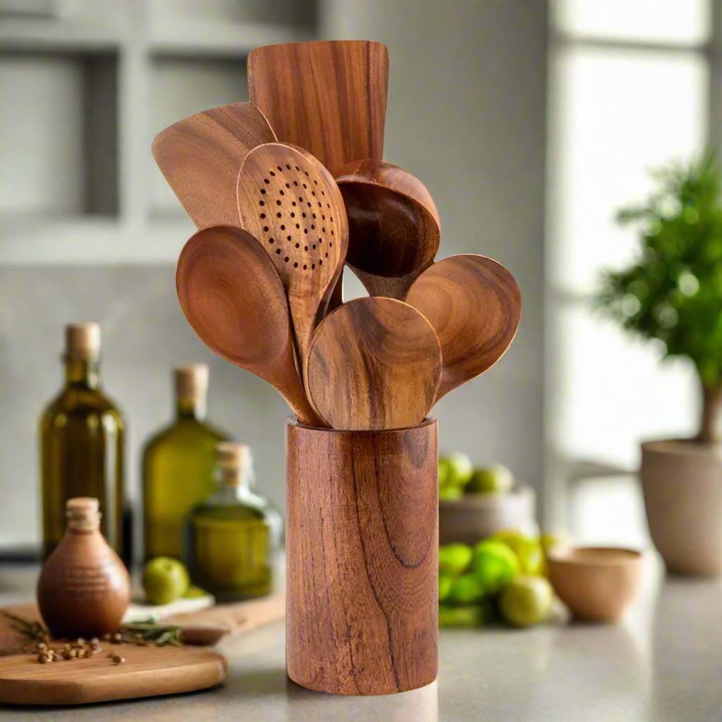 Wooden Cooking Utensil Set – Natural Teak Spoons & Spatulas for Nonstick Pans – Kitchen Tool Set with Antibacterial Wood – 4 to 9 Piece | Lonoma