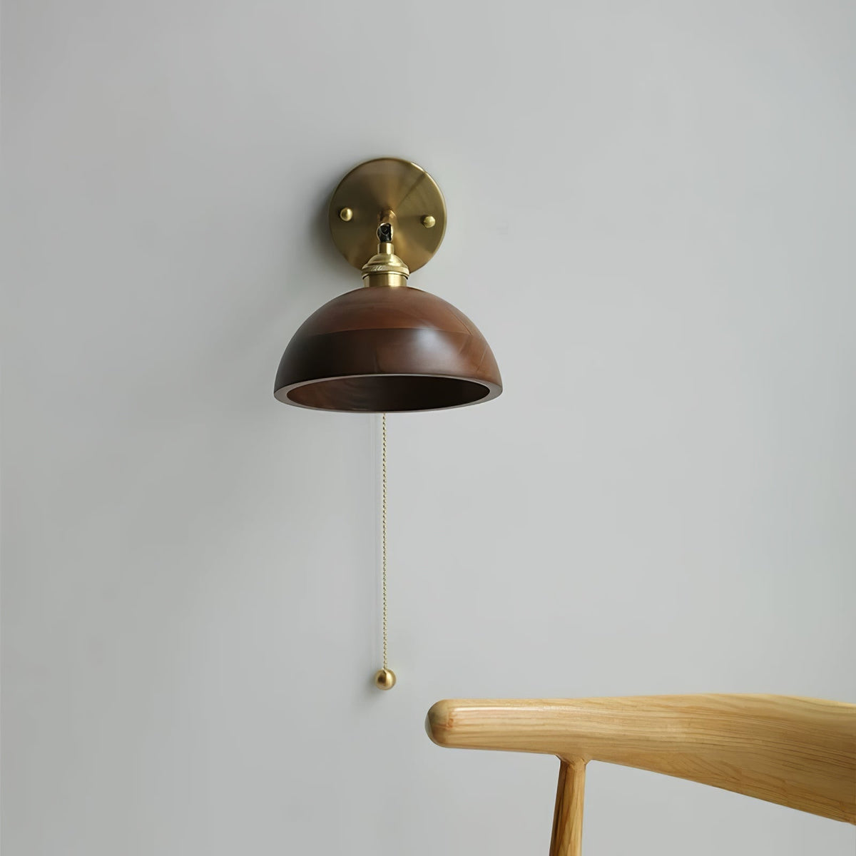 Wood Wall Sconce with Dome Shade and Pull Chain Switch for Bedroom, Living Room, Dining Room – Brass Walnut Farmhouse Accent Lighting Fixture | Lonoma