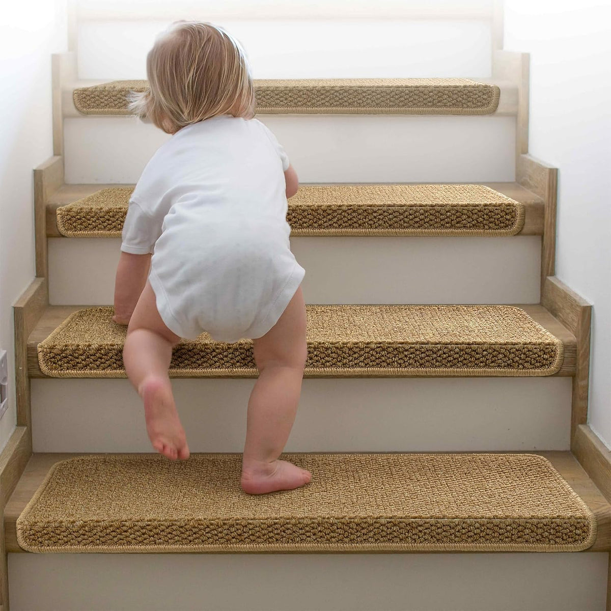 Stair Tread Covers Self-Adhesive Non-Slip Bullnose Step Carpet Pads 14-Pack Beige Cushioned Edge Protection for Wooden Stairs | Lonoma