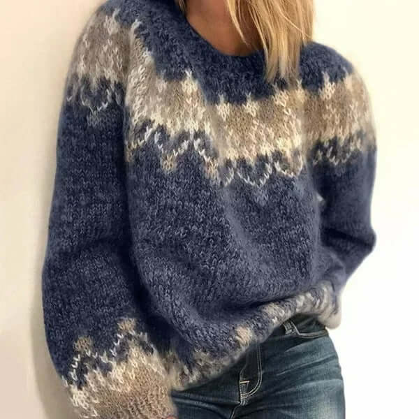 Nordic Pattern Crew Neck Sweater for Winter – Geometric Yoke Knit Pullover with Ribbed Cuffs for Men and Women | Lonoma