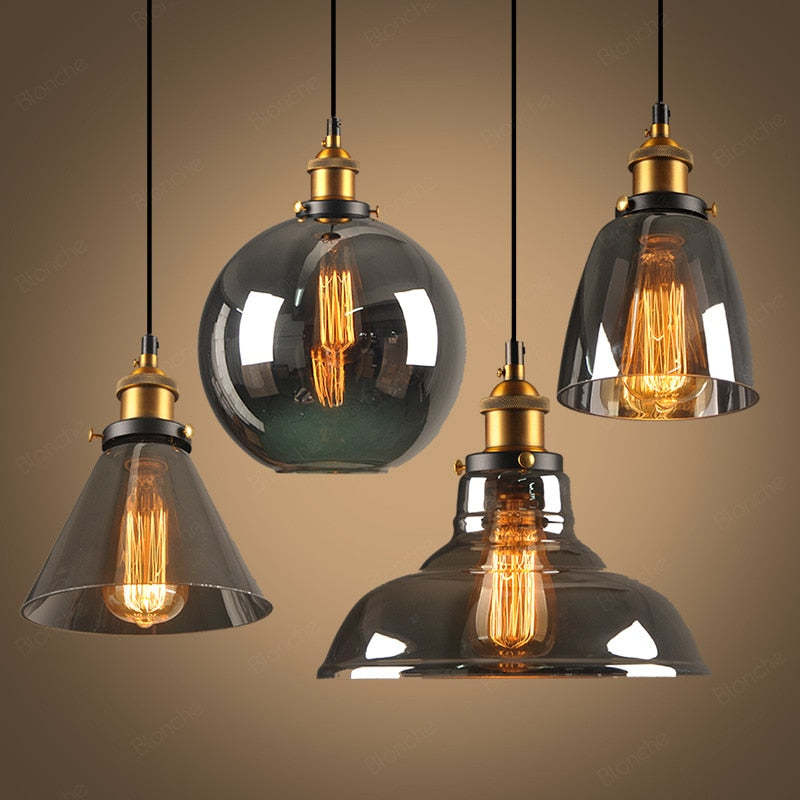 Industrial Glass Shade Hanging Pendant Light Metal Fixture Adjustable Cord Ceiling Lighting for Kitchen Dining Room Bedroom Clear Amber | Lonoma