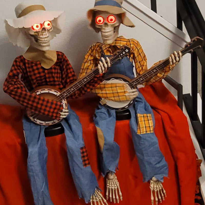 Motion-Activated Musical Skeleton Pair with Banjos – Animated Halloween Decoration for Parties & Haunted Houses | Lonoma