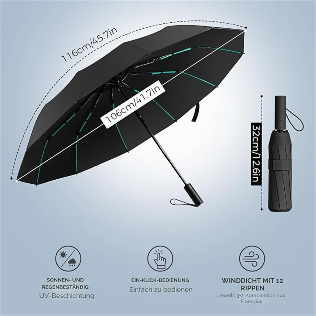Compact Folding Umbrella with Reinforced 144-Rib Frame – Windproof Travel Umbrella for Rain & Sun – Portable Daily Use Umbrella | Lonoma