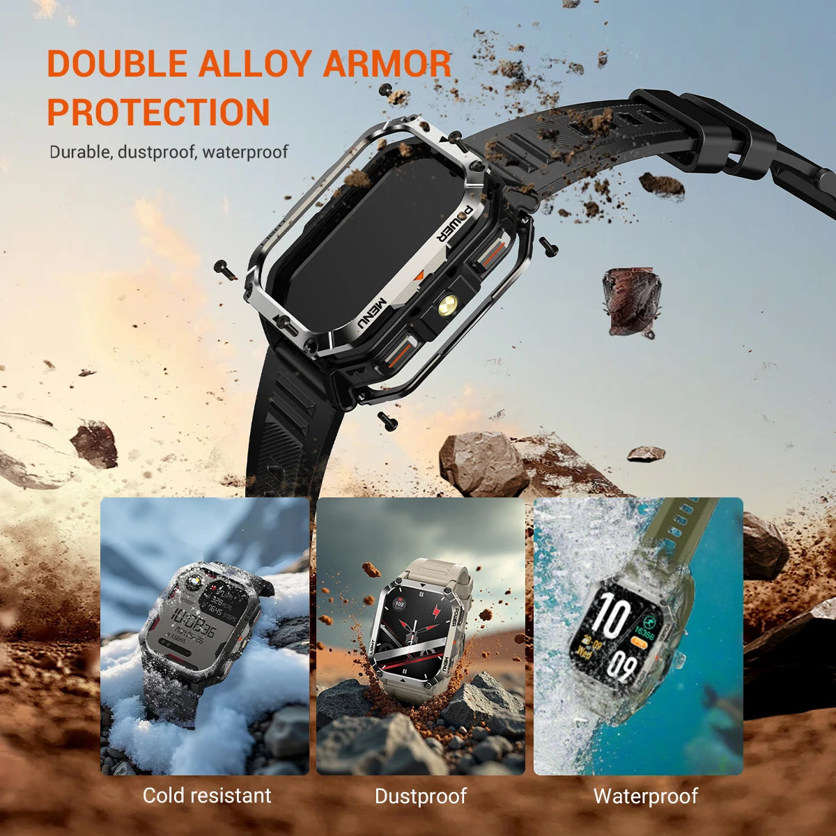 Tactical GPS Smartwatch with AI Voice Assistant + Bluetooth Calling + 120 Sport Modes + Built-In LED Flashlight for Hiking Outdoor Adventures | Lonoma