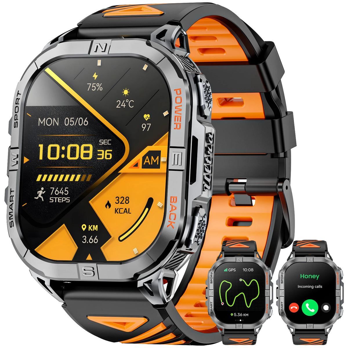Rugged Outdoor Smartwatch with Built-In GPS Compass Bluetooth Calling 2.13-Inch AMOLED Display 580mAh Battery LED Flashlight Fitness Tracker | Lonoma