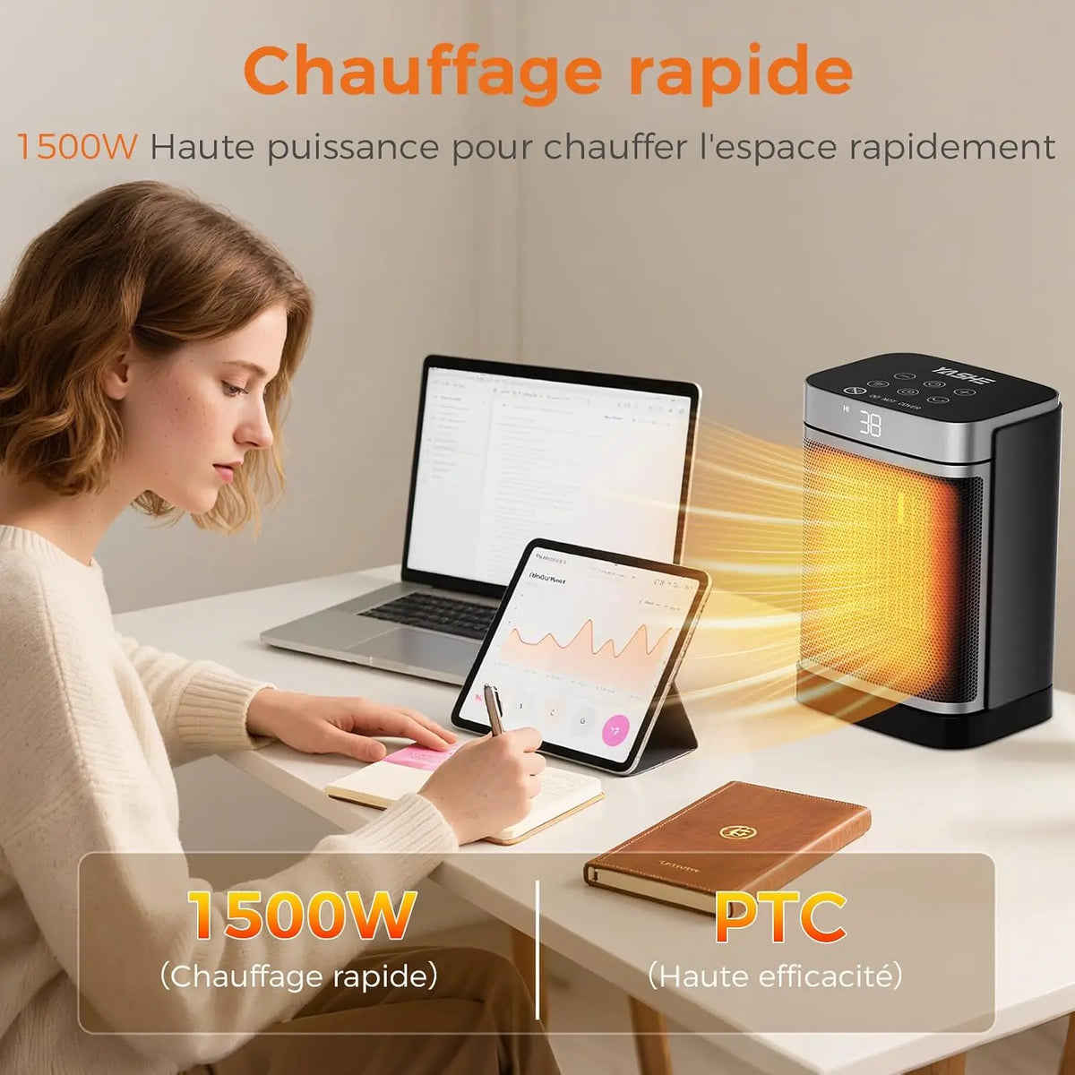 1500W Ceramic Space Heater with Programmable Thermostat 59-95°F, 70° Oscillation, 24-Hour Timer, Dual Heat Settings for Bedroom Office Dorm | Lonoma