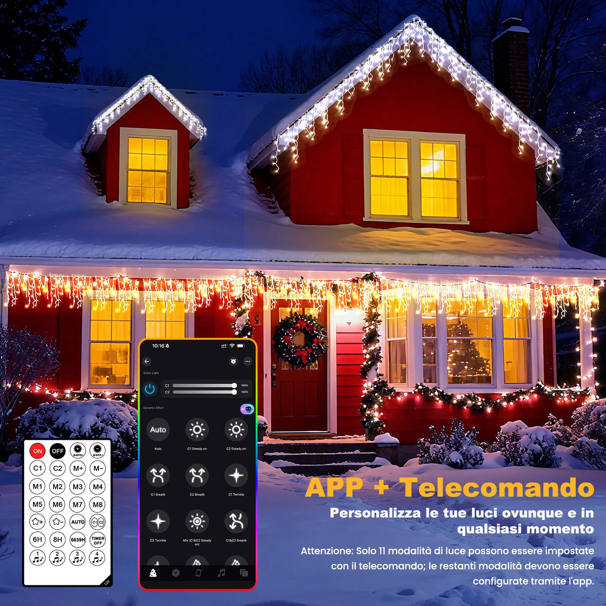 Outdoor LED Icicle String Lights – 200-1800 LEDs, 16.4-147.6 ft, App & Dimmer, 17 Modes, Music Sync, Timer, IP65 Waterproof, Dual Color | Lonoma