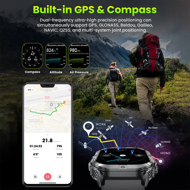 Rugged Outdoor Smartwatch with Built-In GPS Compass Bluetooth Calling 2.13-Inch AMOLED Display 580mAh Battery LED Flashlight Fitness Tracker | Lonoma