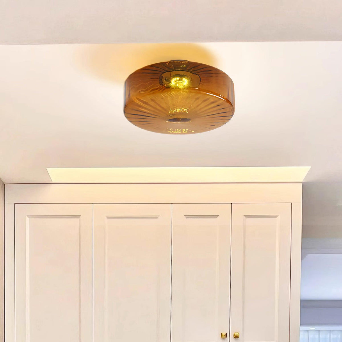 Flush Mount Ceiling Light Amber Glass Shade Vintage Sunburst Pattern for Bedroom Hallway Kitchen Dining Room Hardwired LED Fixture | Lonoma