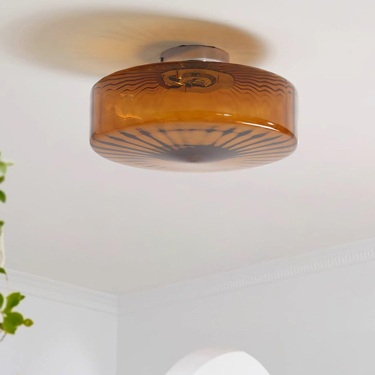 Flush Mount Ceiling Light Amber Glass Shade Vintage Sunburst Pattern for Bedroom Hallway Kitchen Dining Room Hardwired LED Fixture | Lonoma