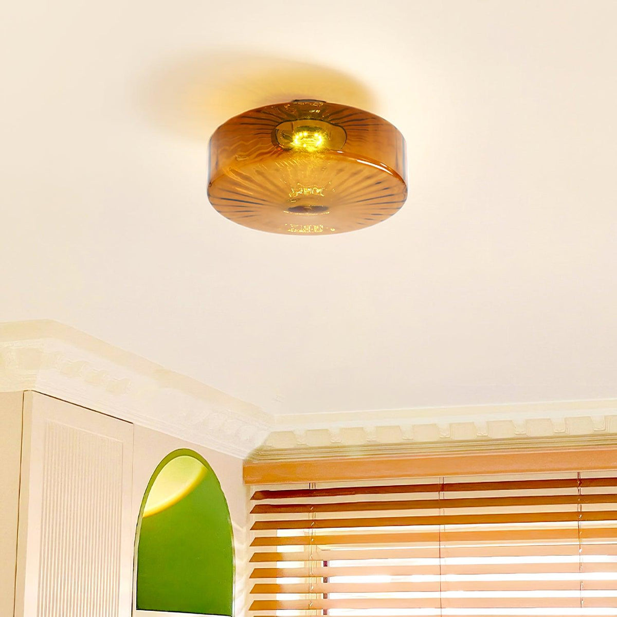 Flush Mount Ceiling Light Amber Glass Shade Vintage Sunburst Pattern for Bedroom Hallway Kitchen Dining Room Hardwired LED Fixture | Lonoma