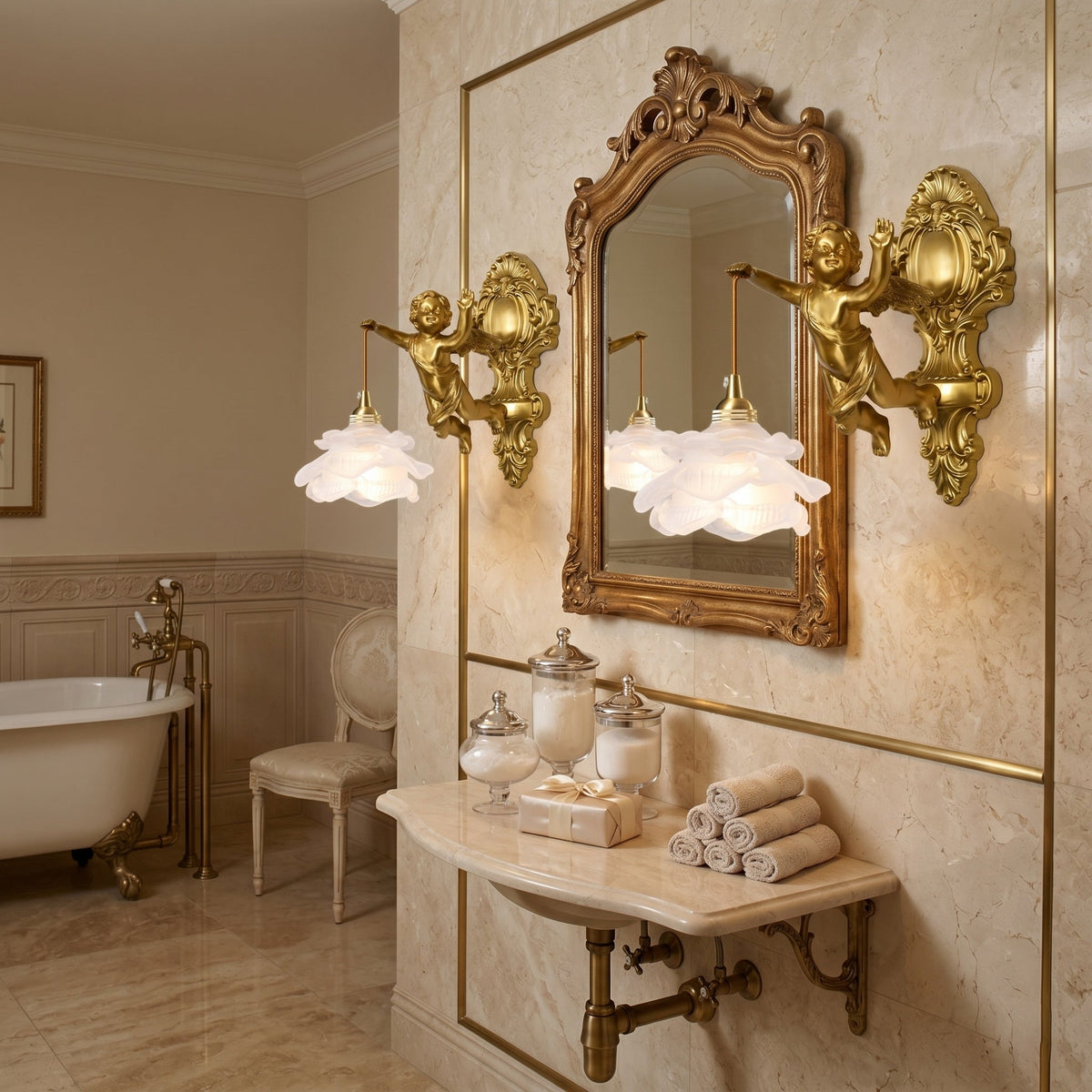 Brass Angel Wing Wall Sconce with Glass Shade – Vintage Art Deco Style Accent Light for Bedroom, Bathroom, Hallway – E12/E14 Decorative | Lonoma